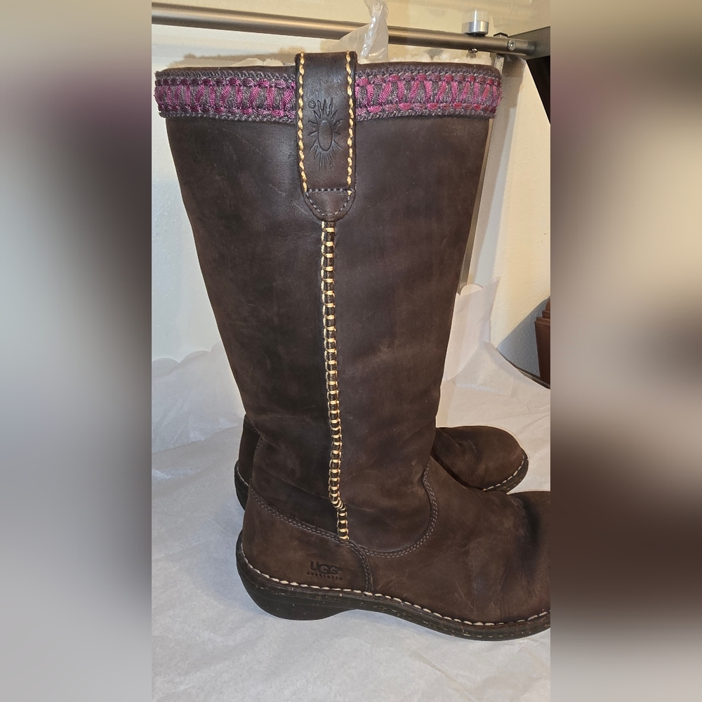 UGG Brown Heeled Boots with Purple Trim - Picture 10 of 14